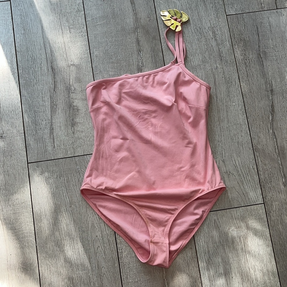 Kalmar made in Morocco swimsuit small gold leaf one shoulder worn once